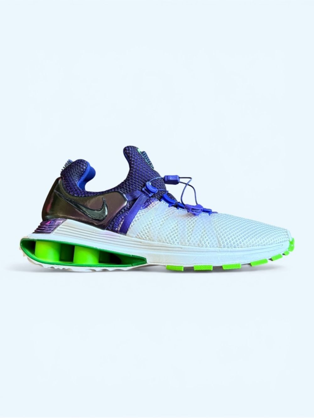 NIKE Shox Gravity Men’s White, Purple & Neon Green Running Sneakers Size 9